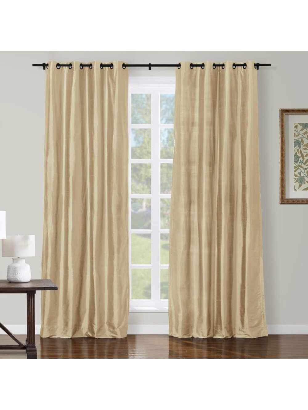 100% Dupioni Silk Drape Biscuit Gold Room Darkening Cotton Lining 96 Inches Set